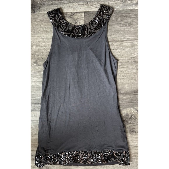 EXPRESS Charcoal Gray Sequin Trimmed Cotton Tunic Mini Dress Size S Side Pockets - Picture 9 of 10